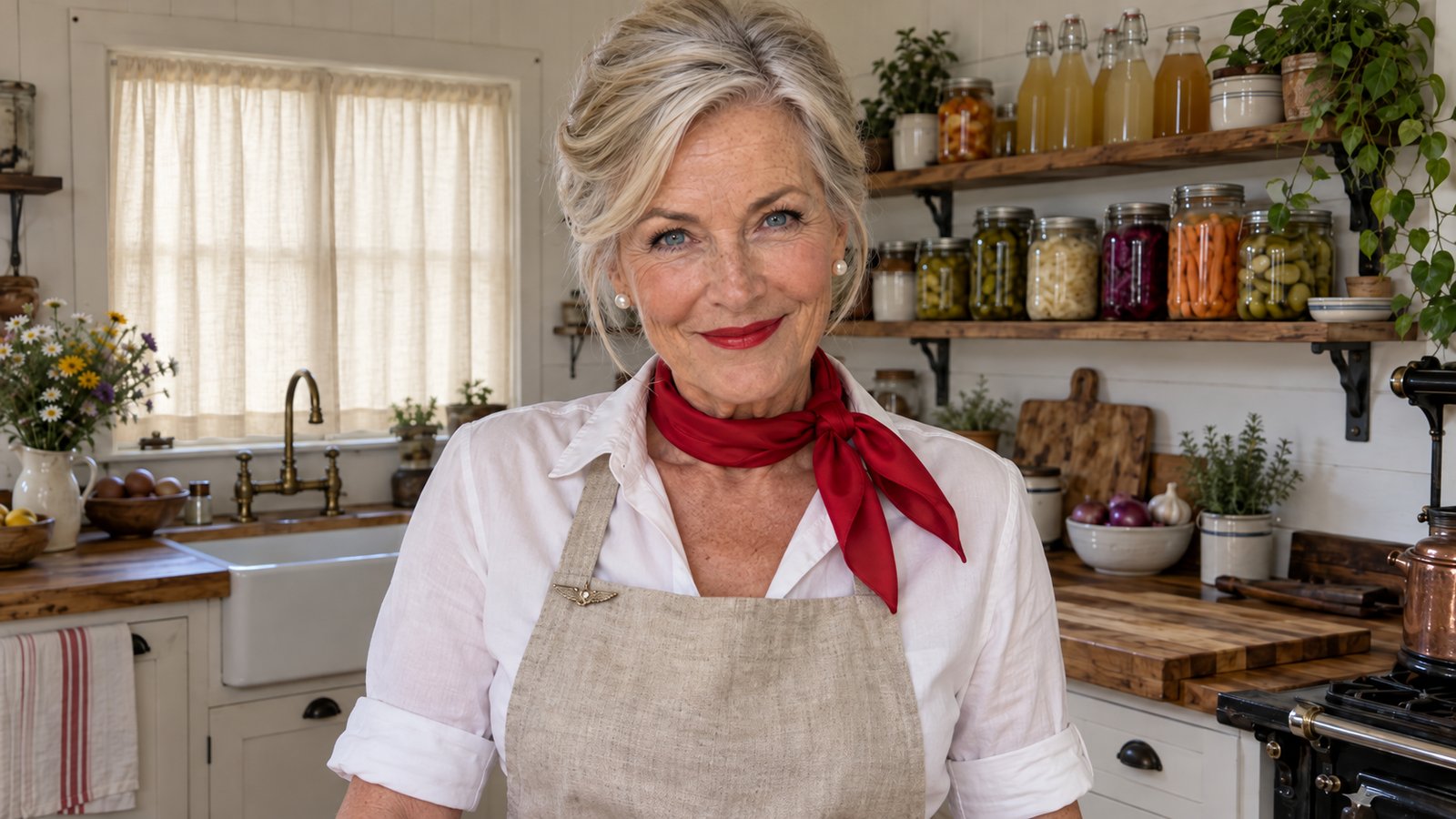 Ruby Jarrett in her farmhouse kitchen with shelves of jars