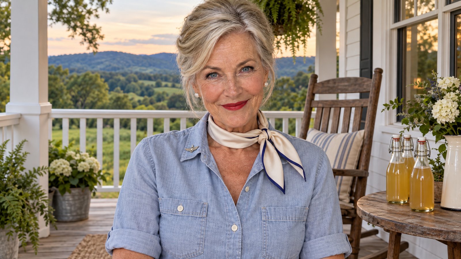 Ruby Jarrett on her farmhouse porch at golden hour